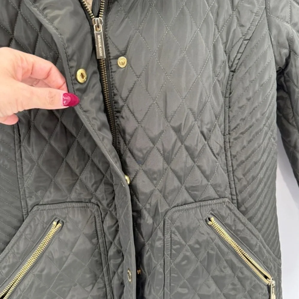 MICHAEL KORS Quilted Puffer Jacket Zip Hoodie Olive Green Pre-Owned Womens Small